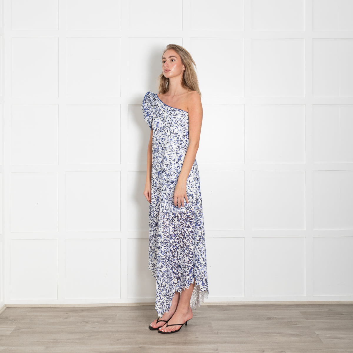 Saloni White Blue Lace One Shoulder Bow Detail Midi Dress