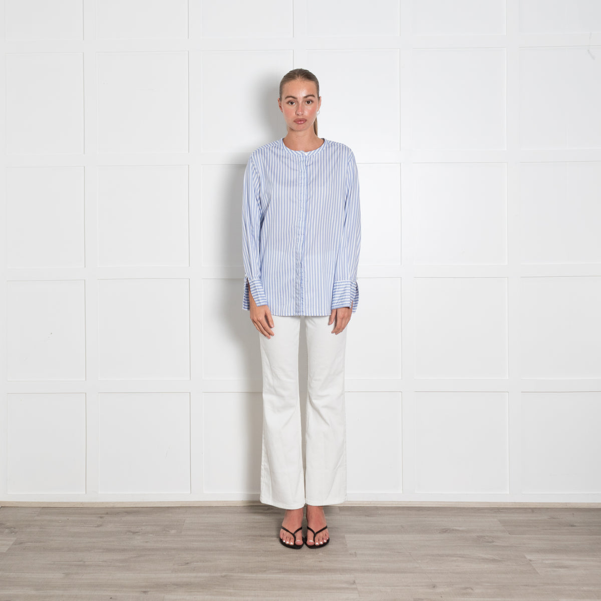 Rae Feather Blue Pinstripe Collarless Cotton Shirt