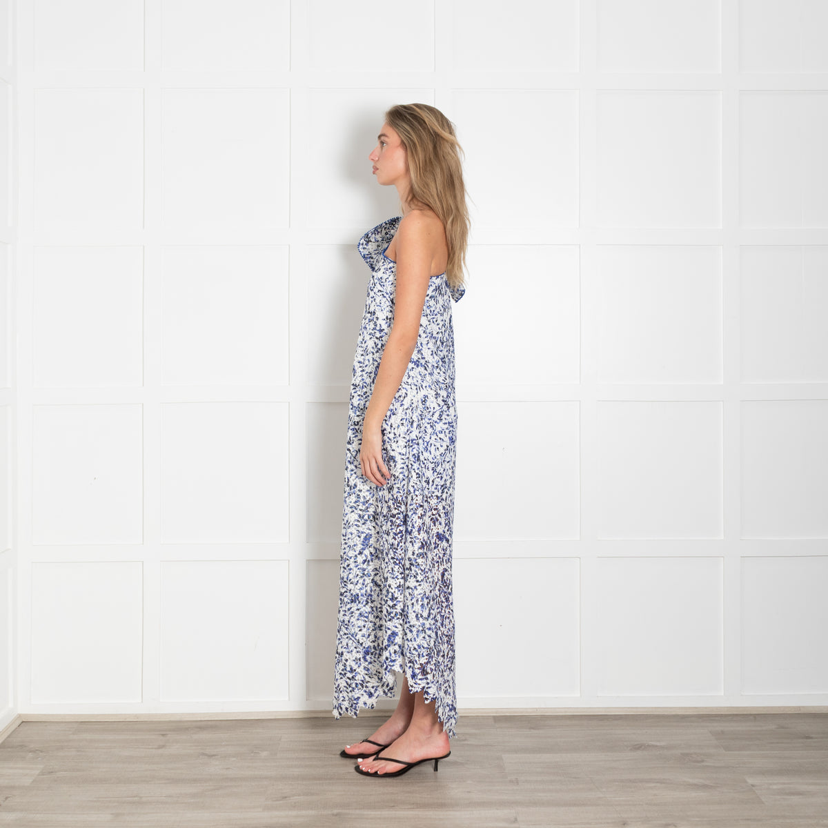 Saloni White Blue Lace One Shoulder Bow Detail Midi Dress