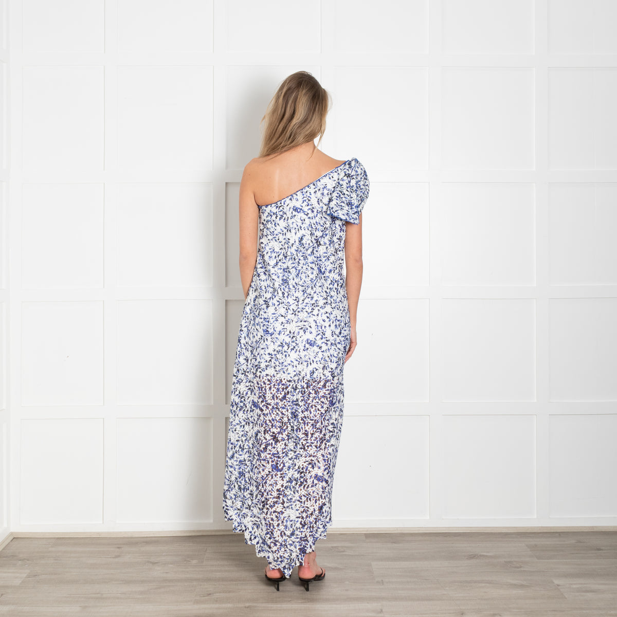 Saloni White Blue Lace One Shoulder Bow Detail Midi Dress