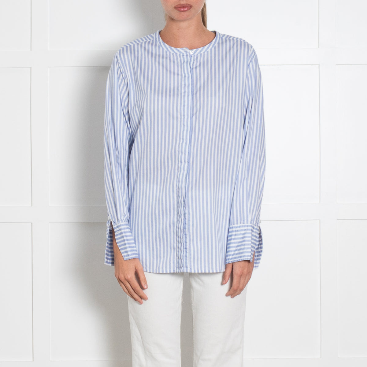 Rae Feather Blue Pinstripe Collarless Cotton Shirt