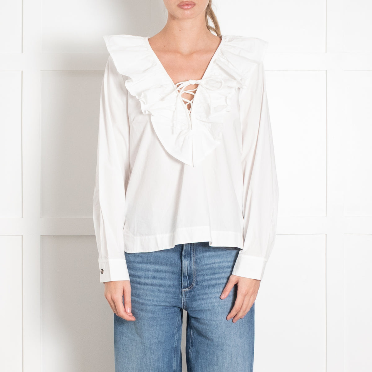 Ganni White Cotton Frill Trim Lace Up Detail Top