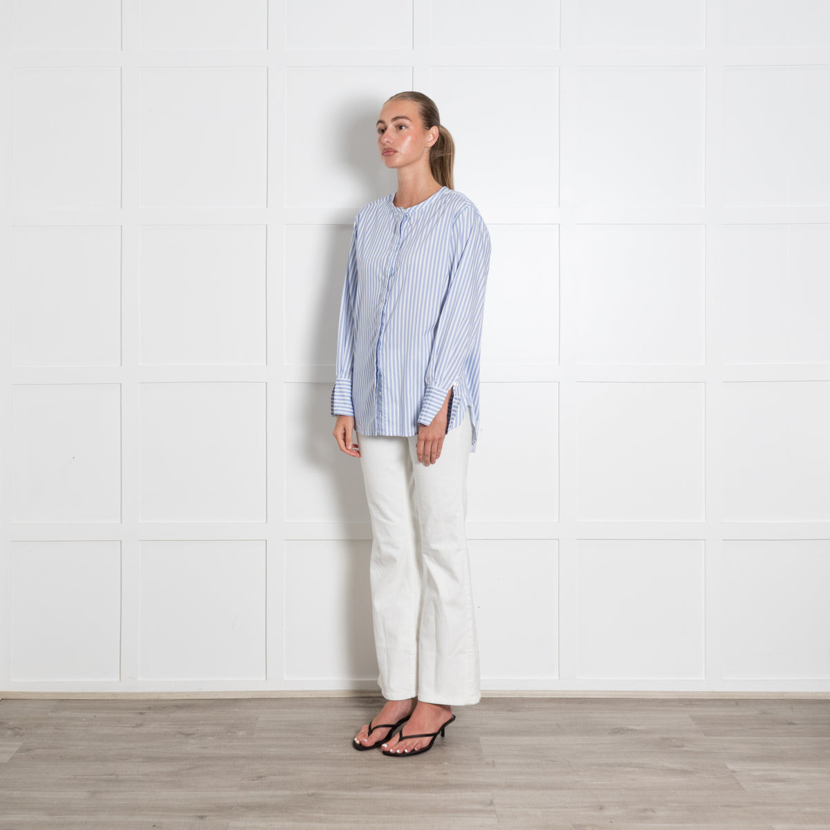 Rae Feather Blue Pinstripe Collarless Cotton Shirt