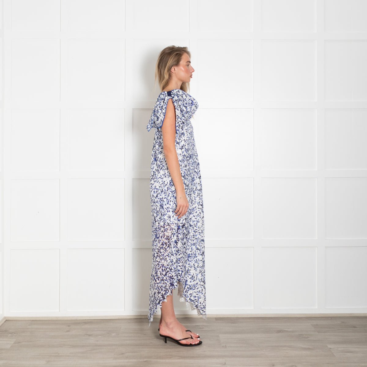 Saloni White Blue Lace One Shoulder Bow Detail Midi Dress
