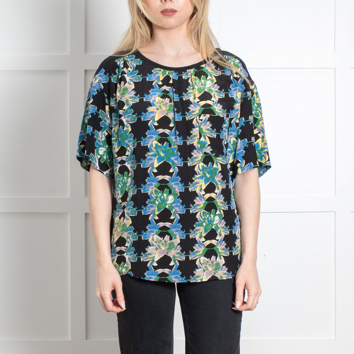 M Missoni Black Green Blue Floral Short Sleeve Top