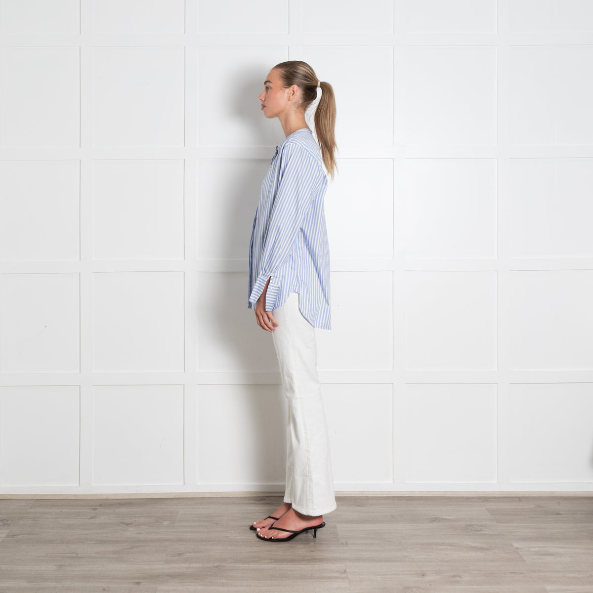 Rae Feather Blue Pinstripe Collarless Cotton Shirt
