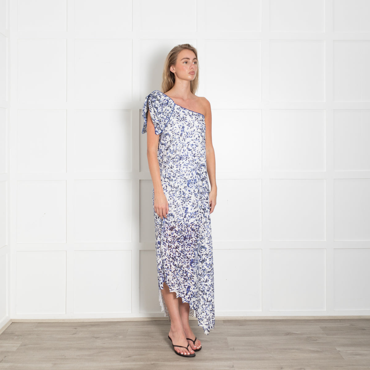 Saloni White Blue Lace One Shoulder Bow Detail Midi Dress