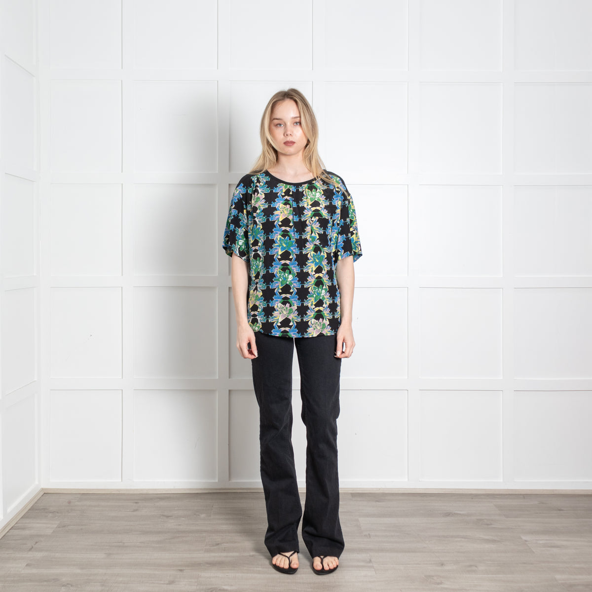 M Missoni Black Green Blue Floral Short Sleeve Top