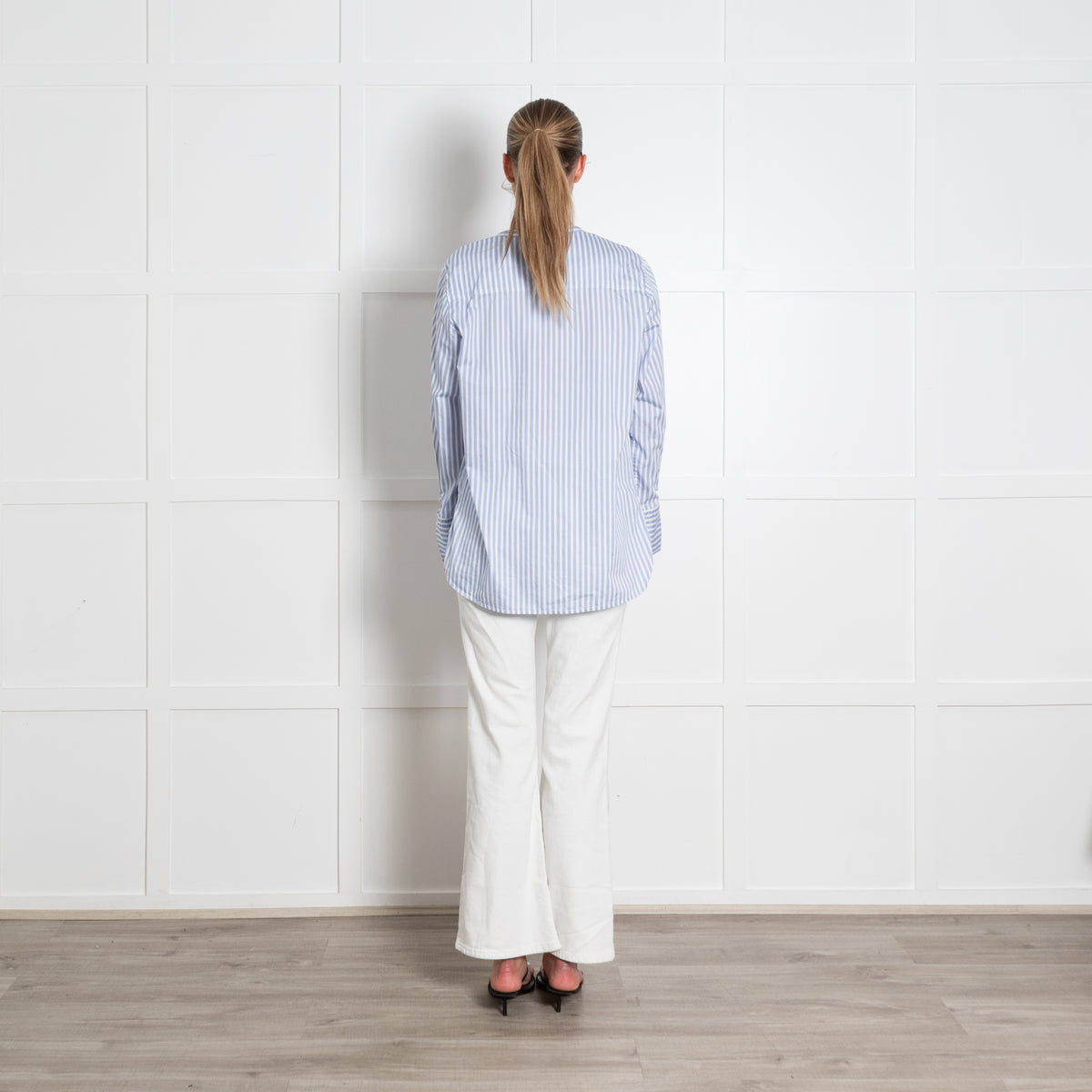 Rae Feather Blue Pinstripe Collarless Cotton Shirt
