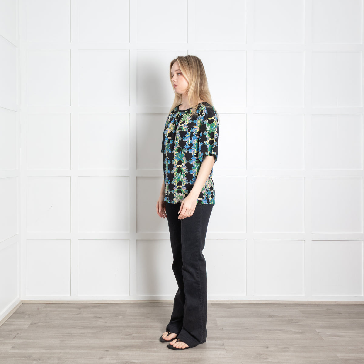 M Missoni Black Green Blue Floral Short Sleeve Top