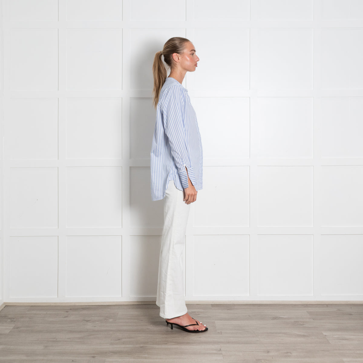 Rae Feather Blue Pinstripe Collarless Cotton Shirt