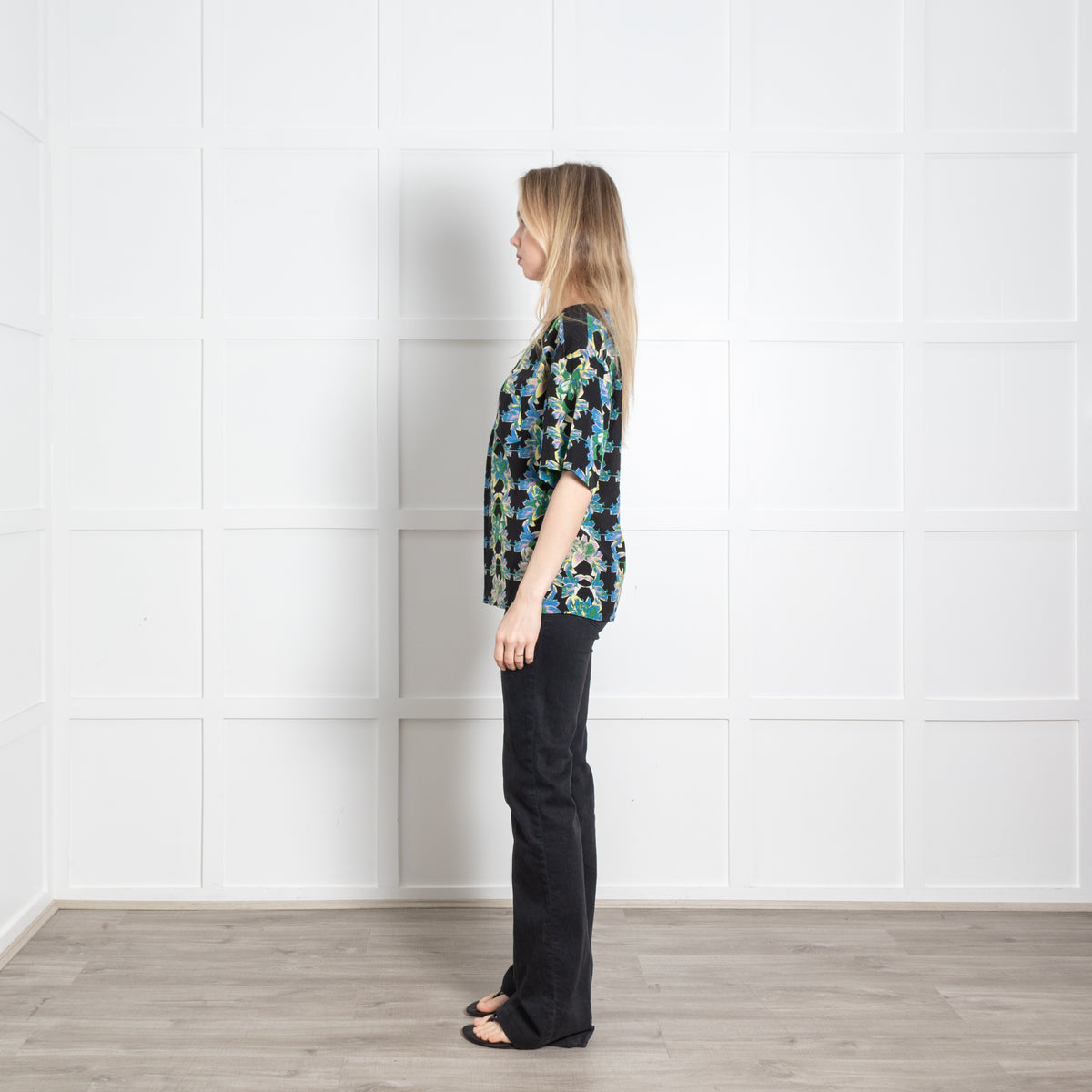 M Missoni Black Green Blue Floral Short Sleeve Top