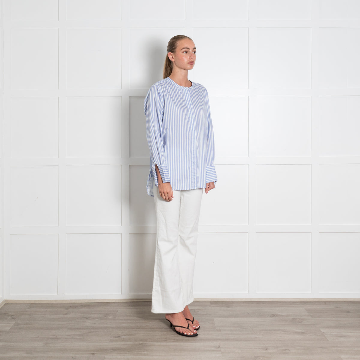 Rae Feather Blue Pinstripe Collarless Cotton Shirt