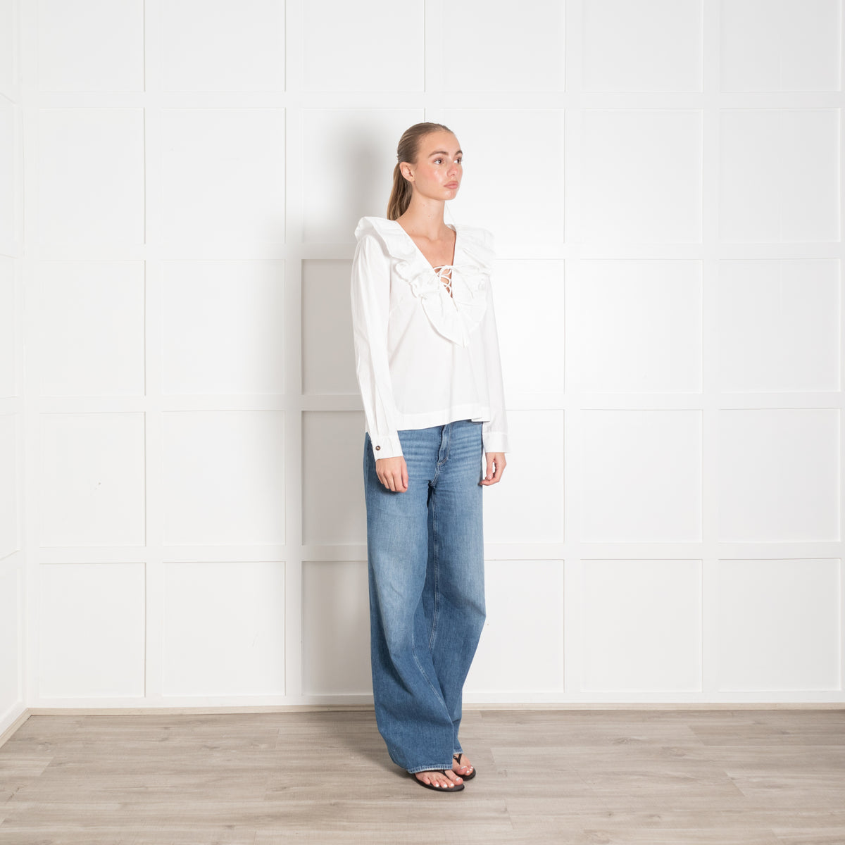 Ganni White Cotton Frill Trim Lace Up Detail Top