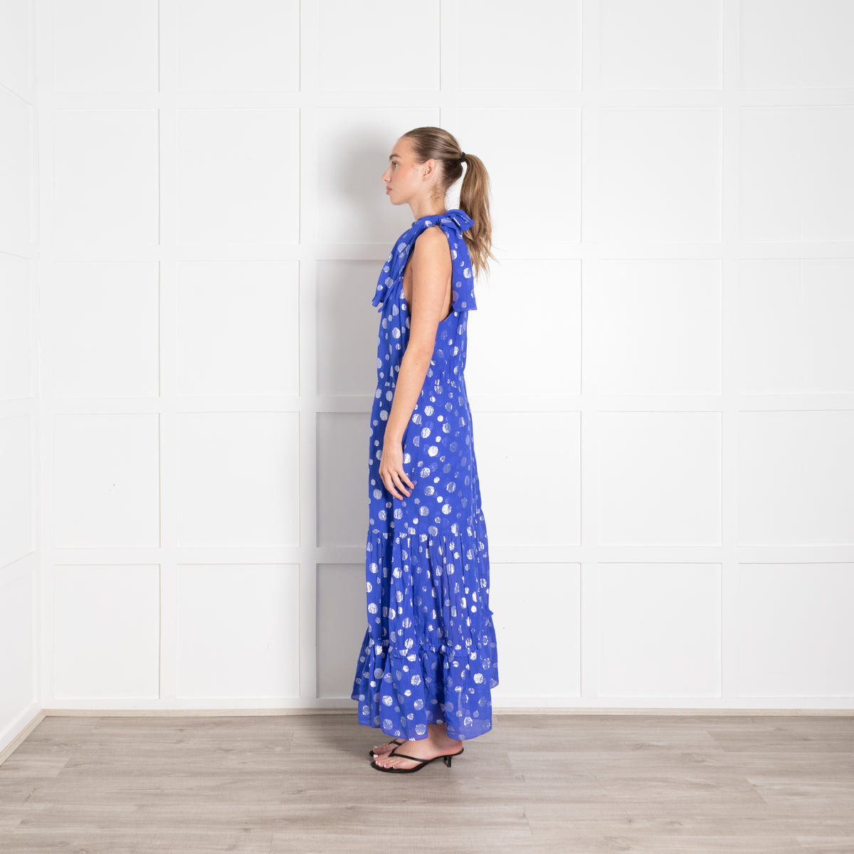 Rixo Cobalt Blue Silver Lurex Dot Halter Neck Maxi Dress