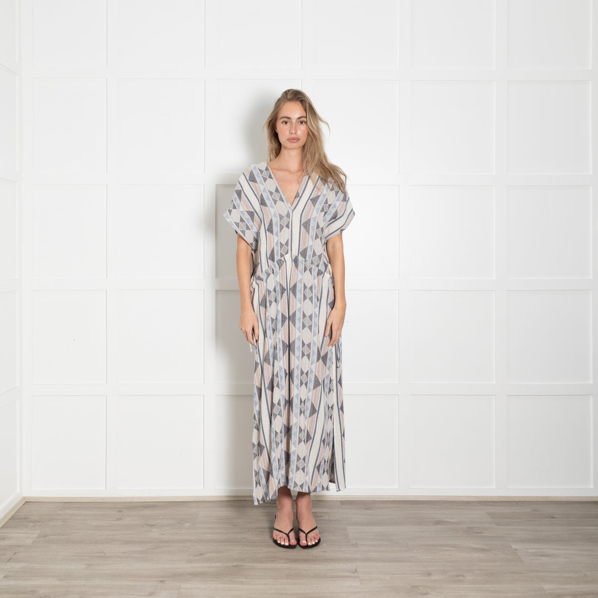 Louizon Pink & Blue Geometric Pattern Drawstring Midi Dress