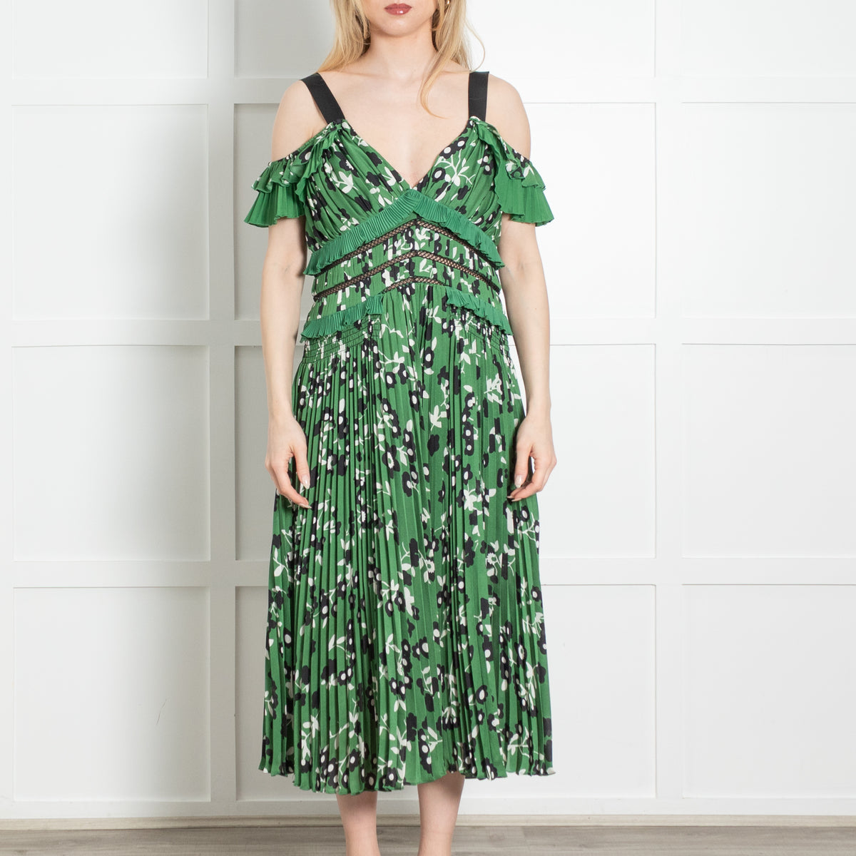 Self-Portrait Green White Black Floral Pleated Sleeveless Midi Dress
