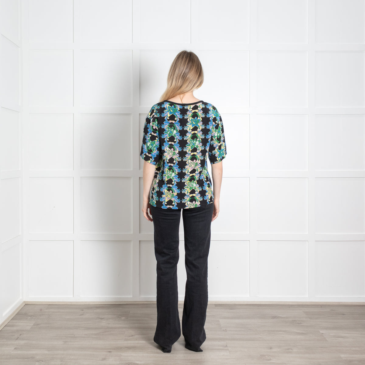 M Missoni Black Green Blue Floral Short Sleeve Top