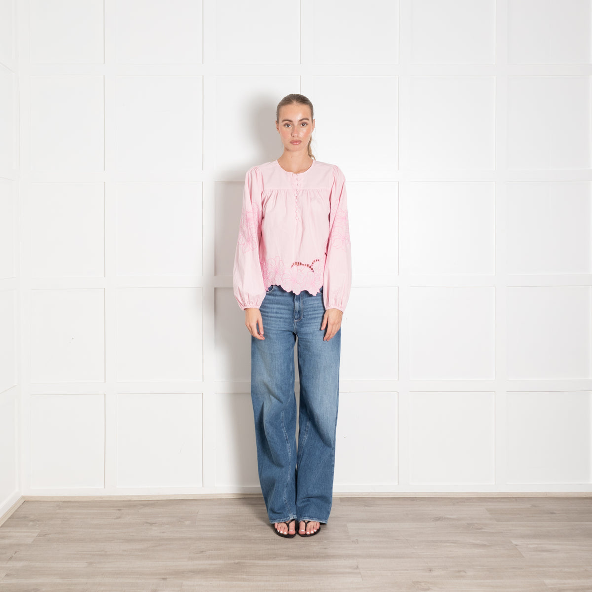 Second Female Pink Cotton Embroidery Flower Detail Top