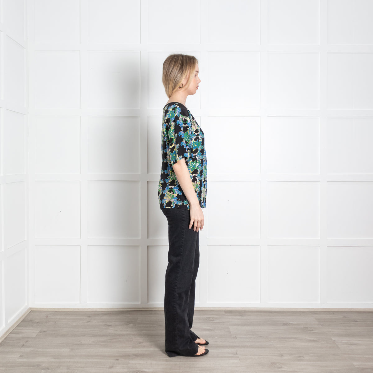 M Missoni Black Green Blue Floral Short Sleeve Top