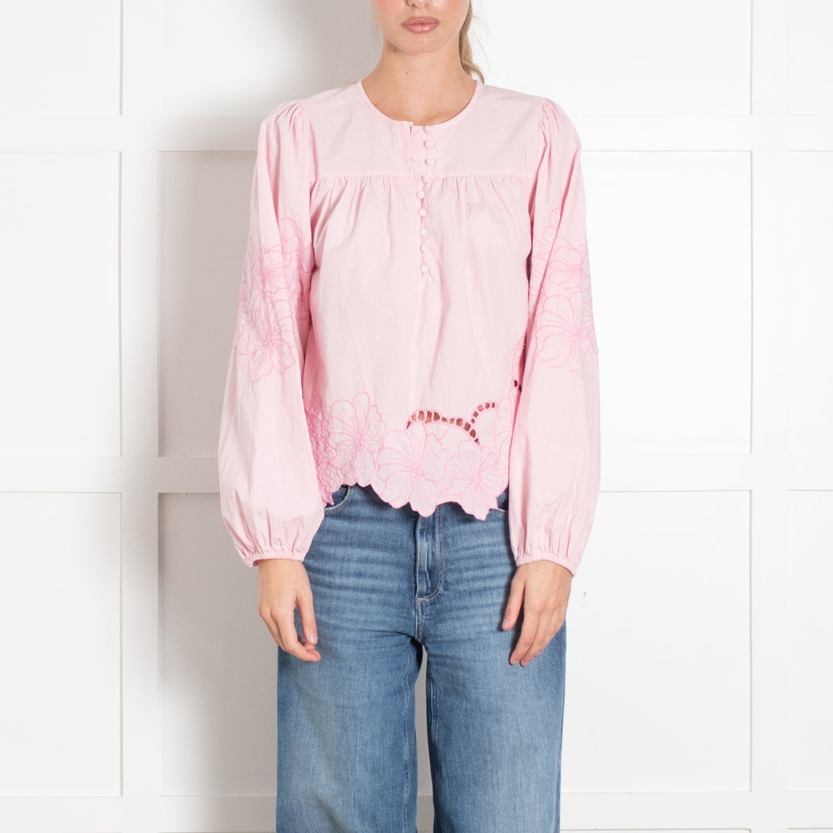 Second Female Pink Cotton Embroidery Flower Detail Top