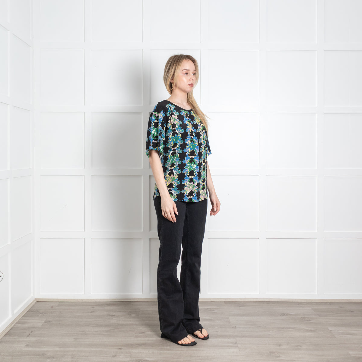 M Missoni Black Green Blue Floral Short Sleeve Top
