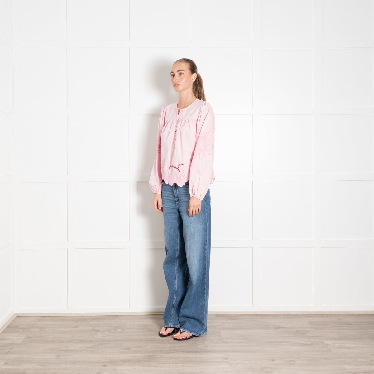 Second Female Pink Cotton Embroidery Flower Detail Top
