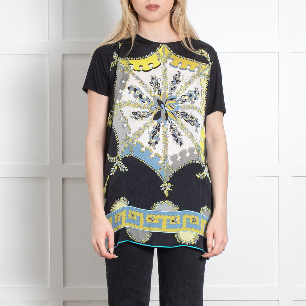 Emilio Pucci Black White Green Silk Front Print Short Sleeve Top