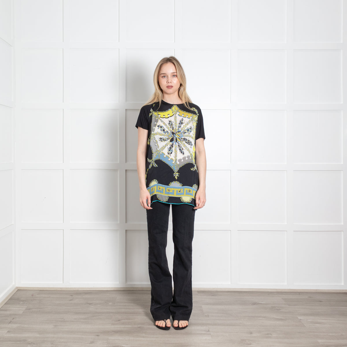 Emilio Pucci Black White Green Silk Front Print Short Sleeve Top