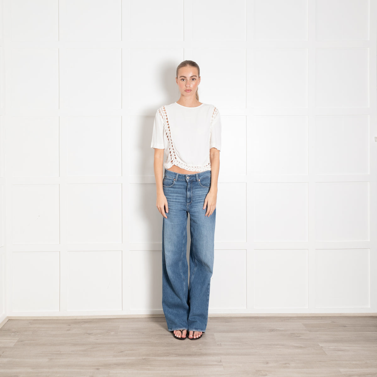 Sandro White Crepe Crochet Short Sleeve Top