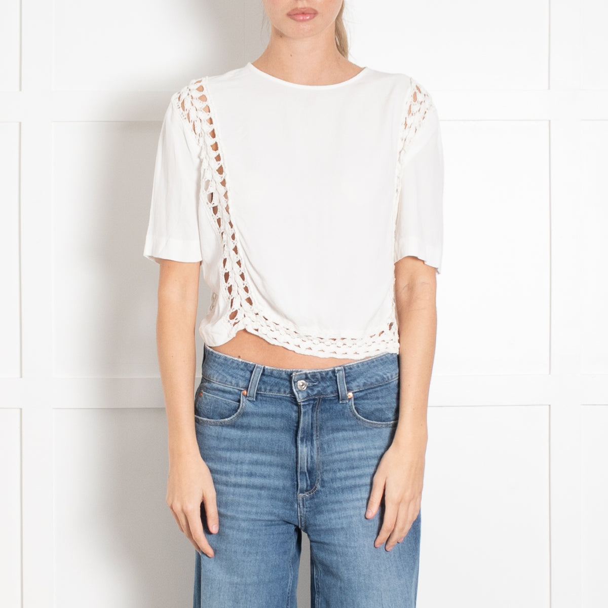 Sandro White Crepe Crochet Short Sleeve Top
