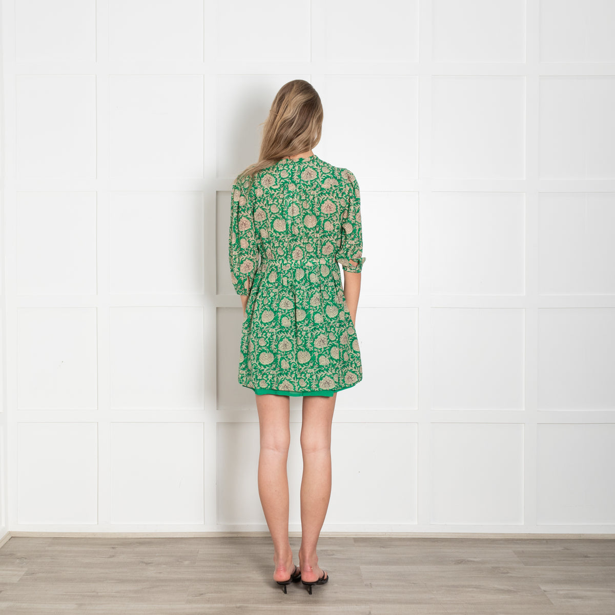 Ba & Sh Green Beige Floral Short Sleeve Mini Dress