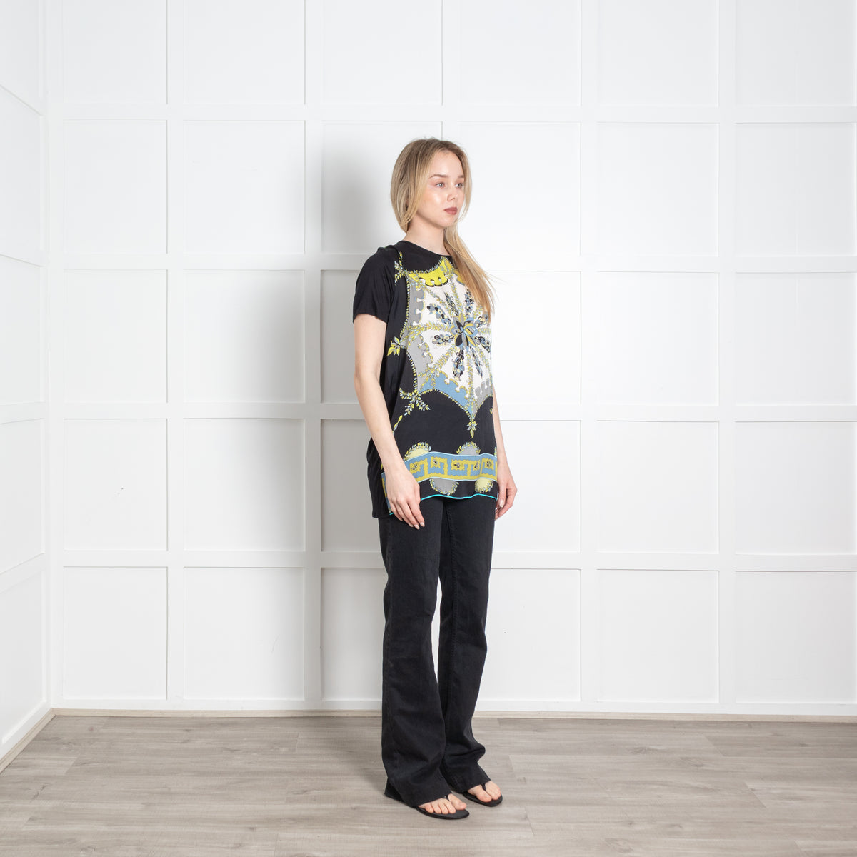 Emilio Pucci Black White Green Silk Front Print Short Sleeve Top