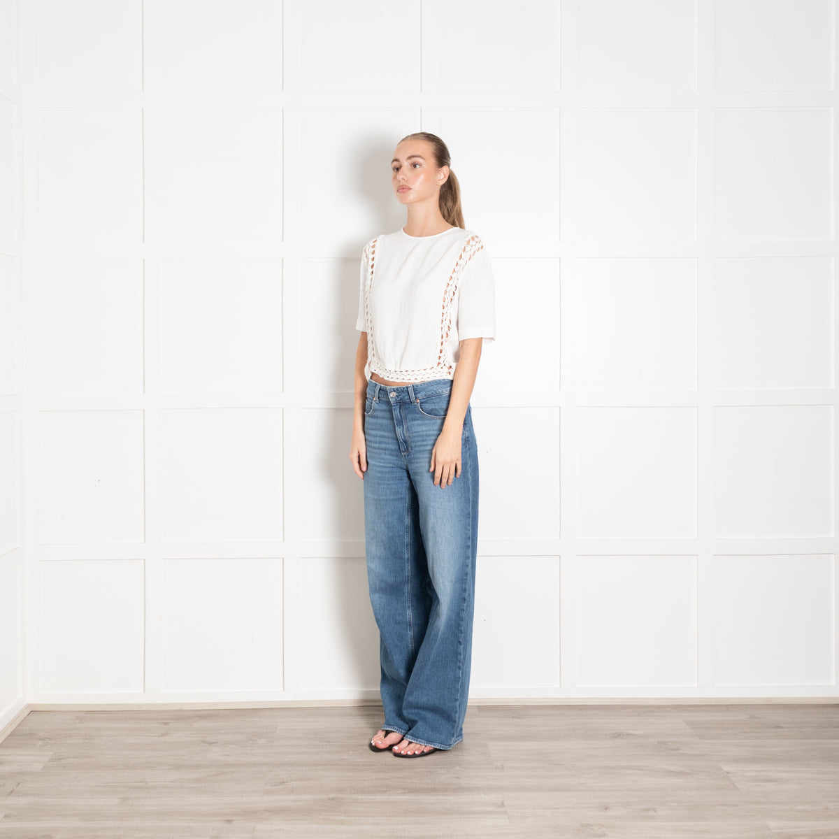 Sandro White Crepe Crochet Short Sleeve Top