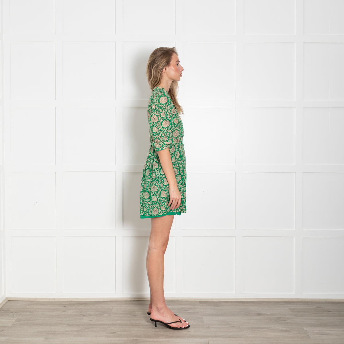 Ba & Sh Green Beige Floral Short Sleeve Mini Dress
