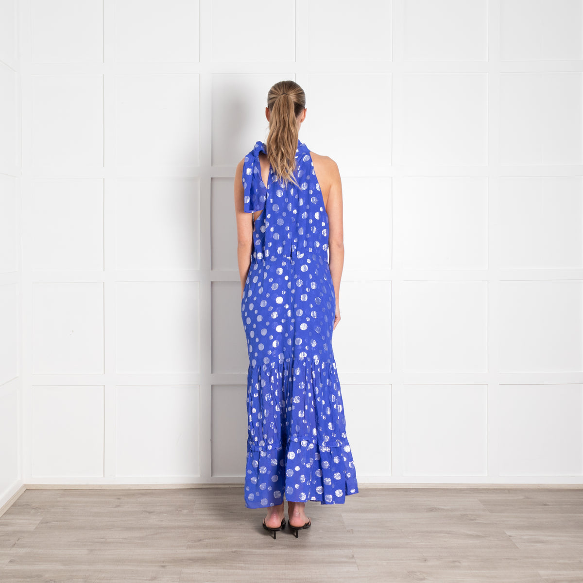 Rixo Cobalt Blue Silver Lurex Dot Halter Neck Maxi Dress