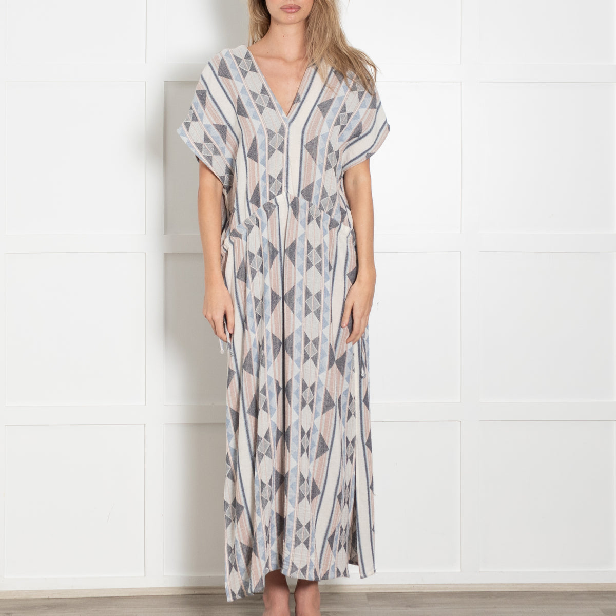 Louizon Pink & Blue Geometric Pattern Drawstring Midi Dress