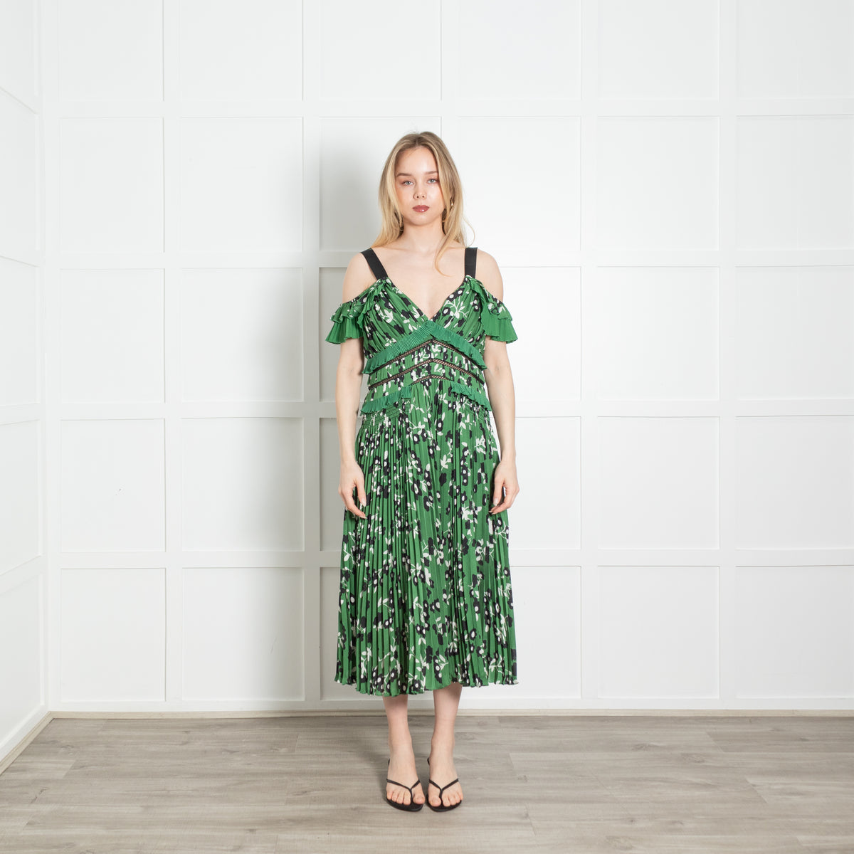 Self-Portrait Green White Black Floral Pleated Sleeveless Midi Dress