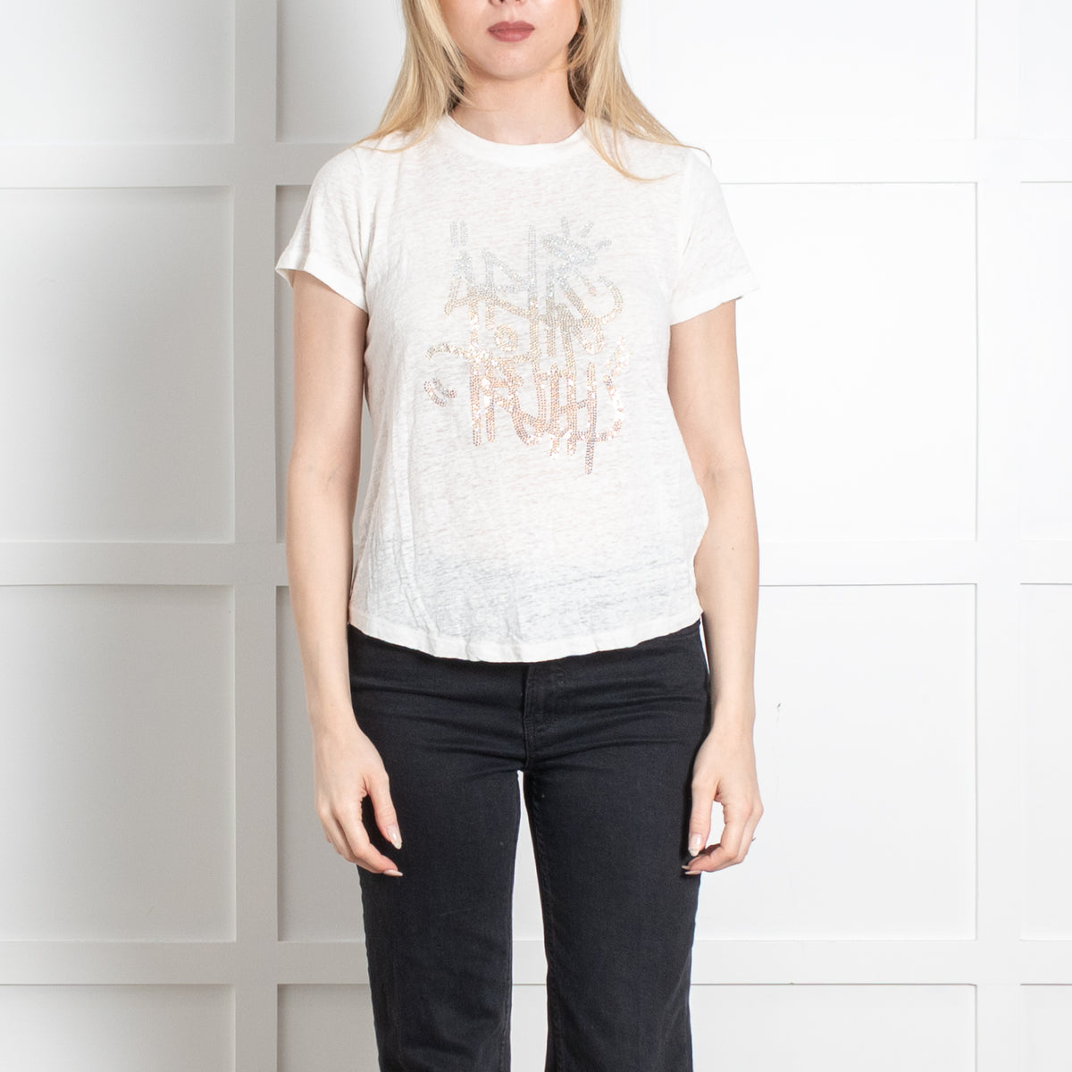 Zadig & Voltaire Preloved Cream Embellished Linen Blend T-Shirt