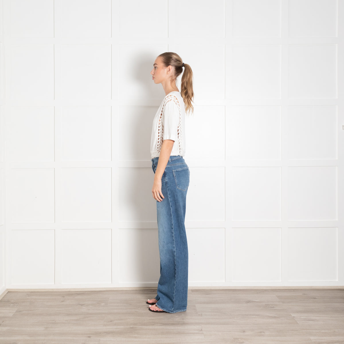 Sandro White Crepe Crochet Short Sleeve Top