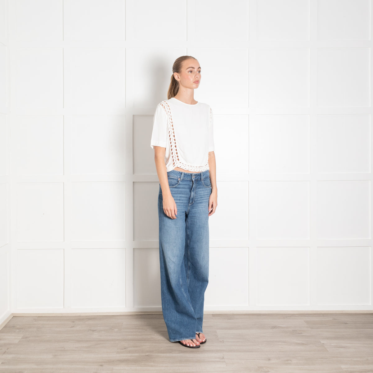 Sandro White Crepe Crochet Short Sleeve Top
