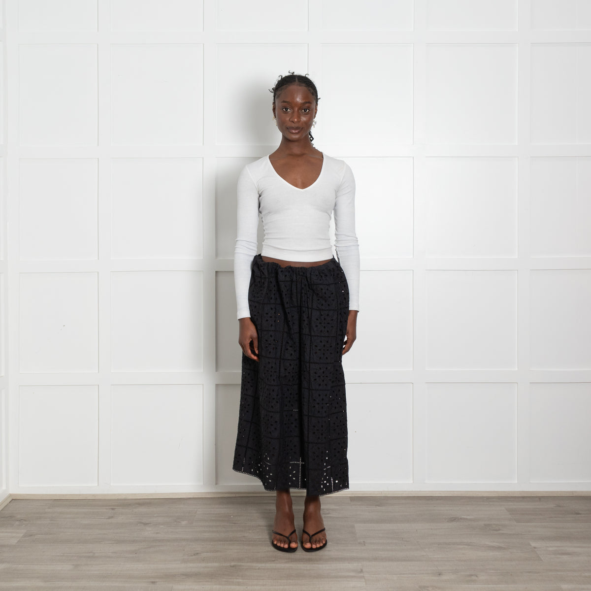 Ganni Black Broderie Midi Skirt