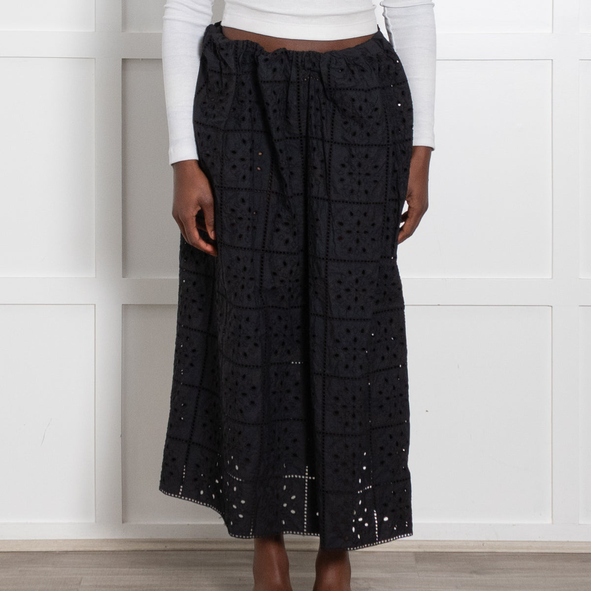 Ganni Black Broderie Midi Skirt