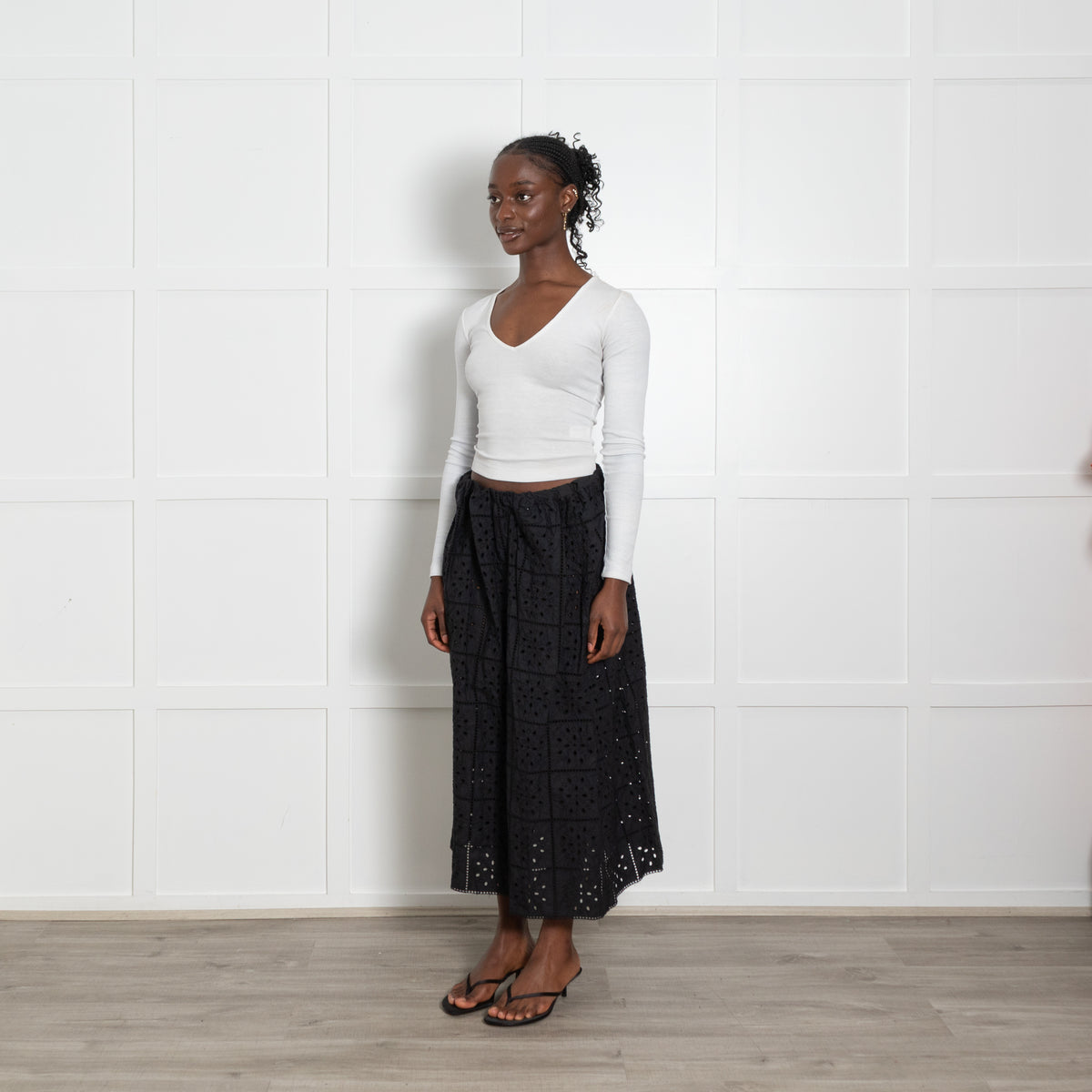 Ganni Black Broderie Midi Skirt