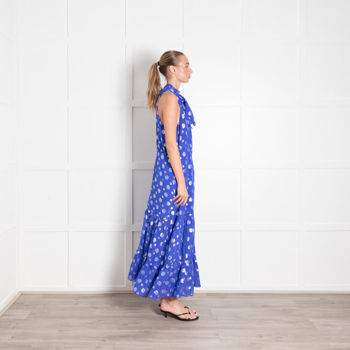 Rixo Cobalt Blue Silver Lurex Dot Halter Neck Maxi Dress