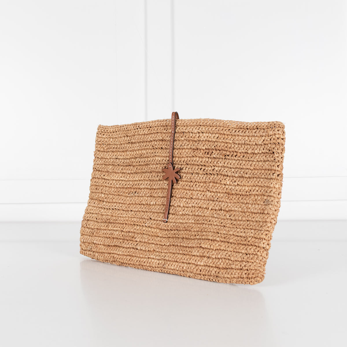 Manebi Raffia Clutch with Leather Palm Tree Closure