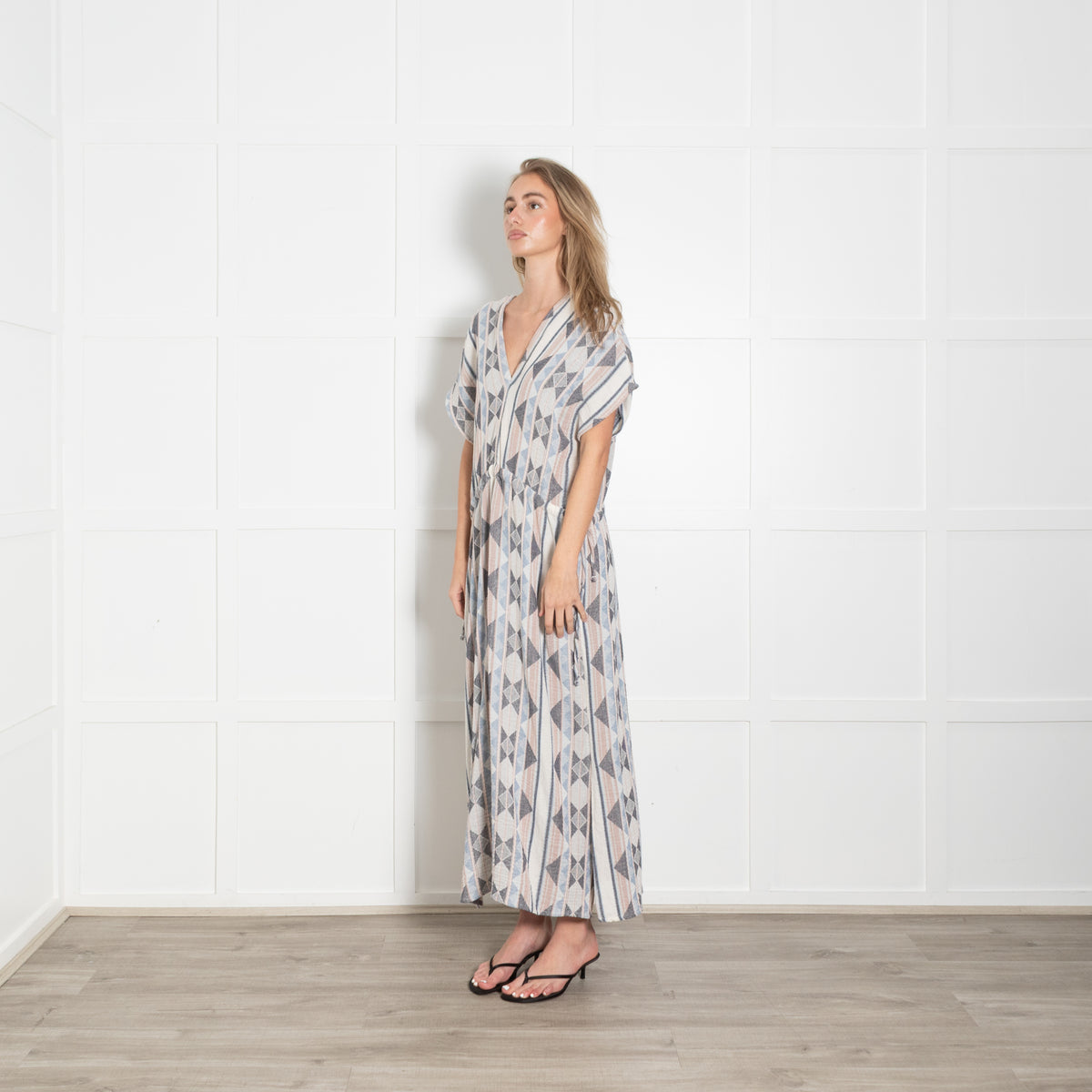 Louizon Pink & Blue Geometric Pattern Drawstring Midi Dress