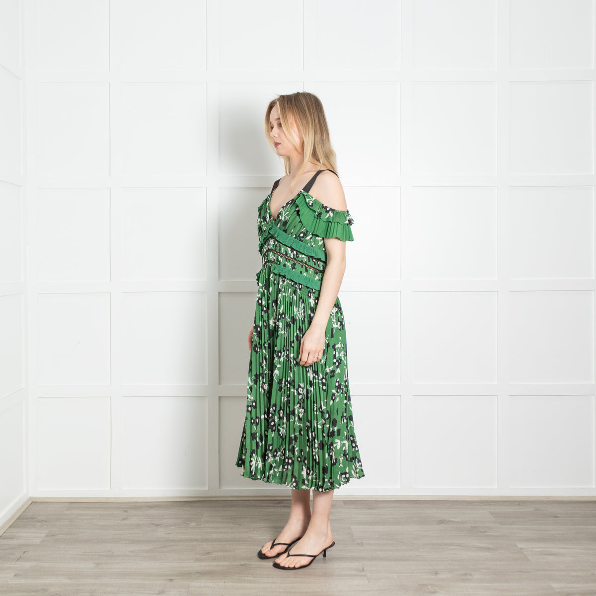 Self-Portrait Green White Black Floral Pleated Sleeveless Midi Dress