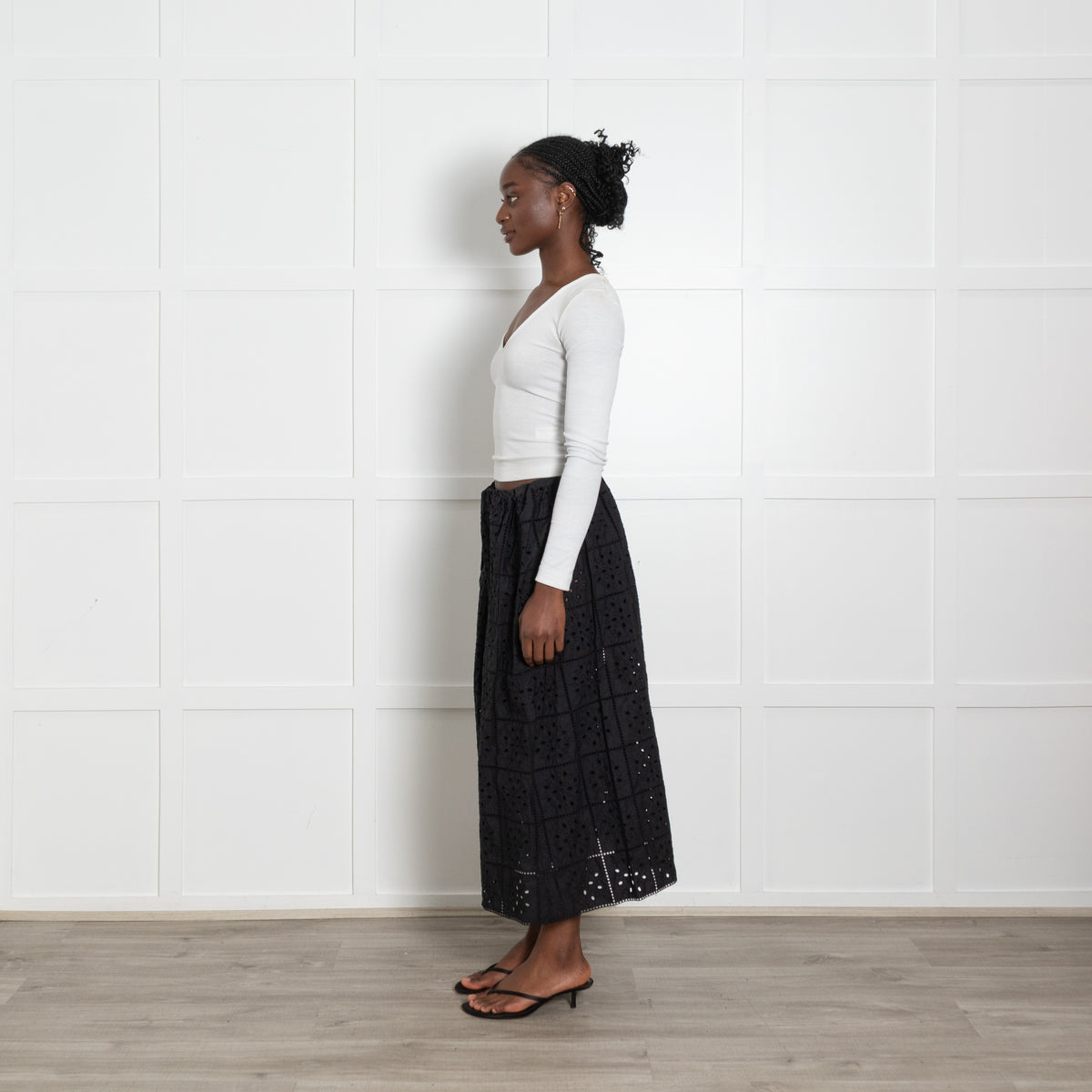 Ganni Black Broderie Midi Skirt