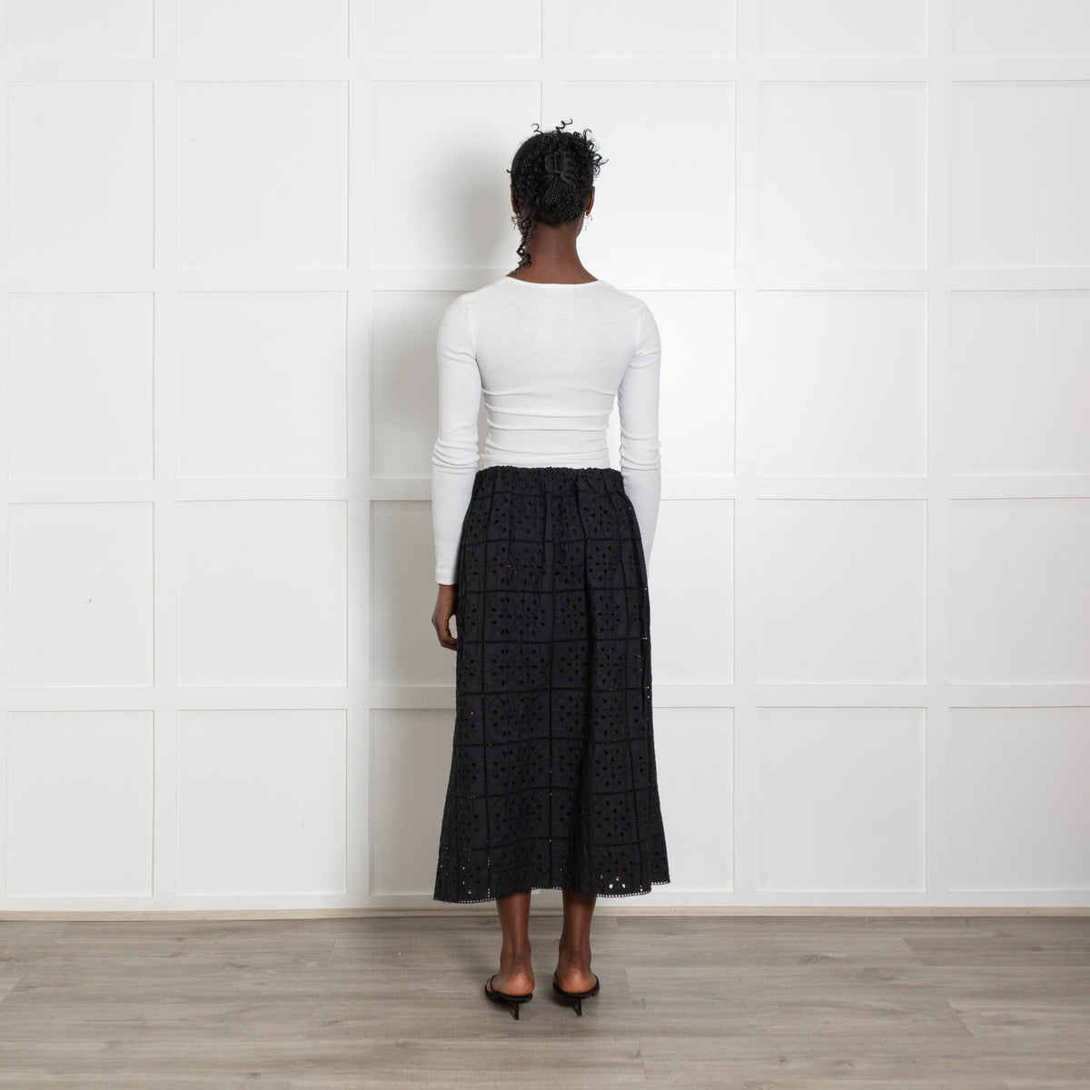 Ganni Black Broderie Midi Skirt